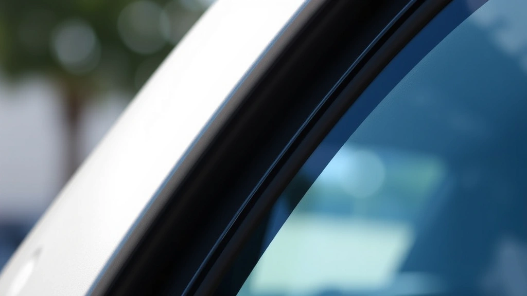 Close-up of vehicle window tint edge detail showing professional installation quality and light transmission characteristics in natural daylight