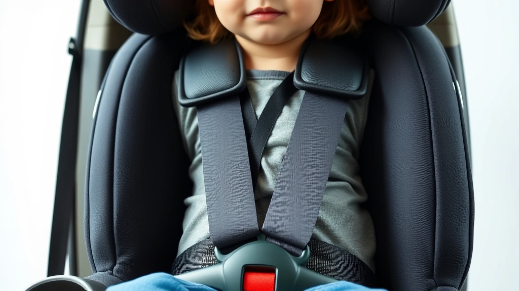 Close-up image of a forward-facing car seat with five-point harness properly secured on a young child, demonstrating correct shoulder and hip belt positioning, professional studio lighting, no visible faces