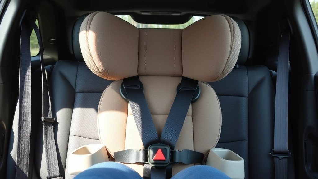 Wide shot of a booster seat properly positioned in a vehicle's back seat with adult lap and shoulder belts correctly routed across the child area, showing proper belt placement without child present, natural daylight