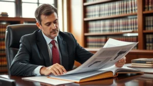 Professional male lawyer in business suit sitting at desk reviewing legal documents with firearm-related case files, law library background with books, serious focused expression, natural lighting from window