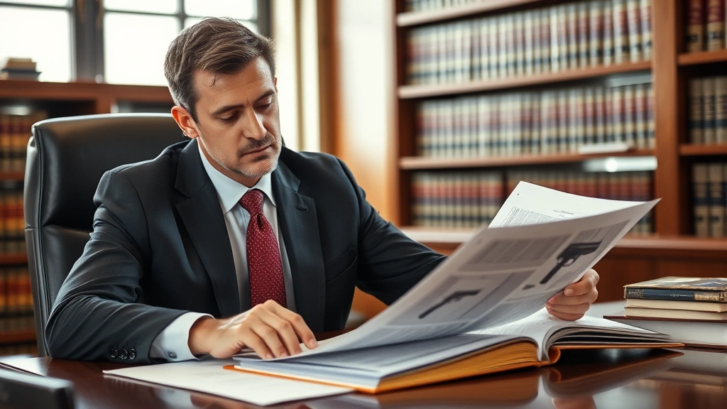 Professional male lawyer in business suit sitting at desk reviewing legal documents with firearm-related case files, law library background with books, serious focused expression, natural lighting from window