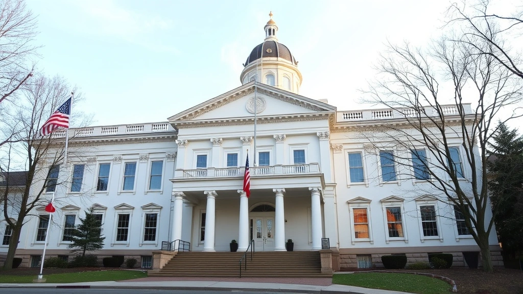 New Hampshire state capitol building exterior in Concord during daytime, classical architecture, American flag visible, professional government setting, clear weather, no people visible