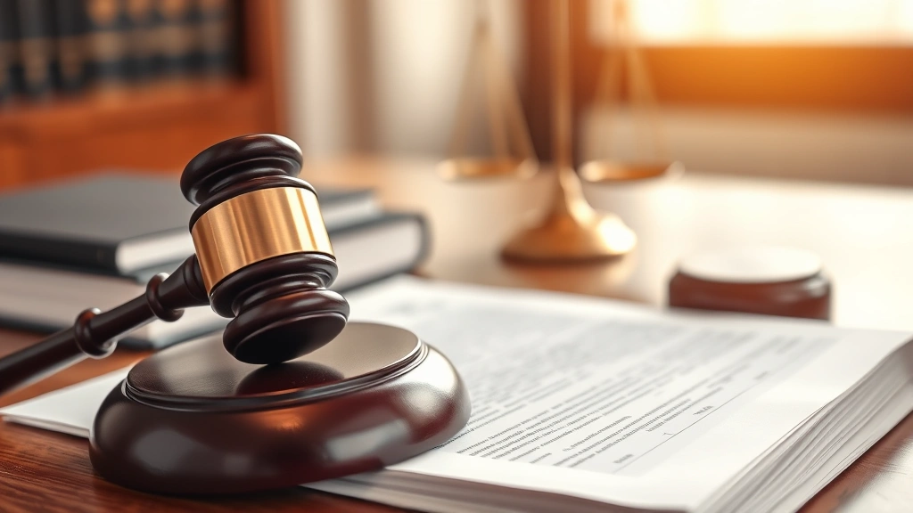 Close-up of gavel on legal documents and law books in law office, professional setting with wooden desk, scales of justice blurred in background, warm professional lighting, no text visible on documents