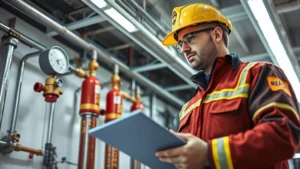 Professional fire safety inspector in uniform examining modern commercial building fire suppression system with pressure gauges and piping, holding inspection clipboard, fluorescent lighting, detailed technical focus