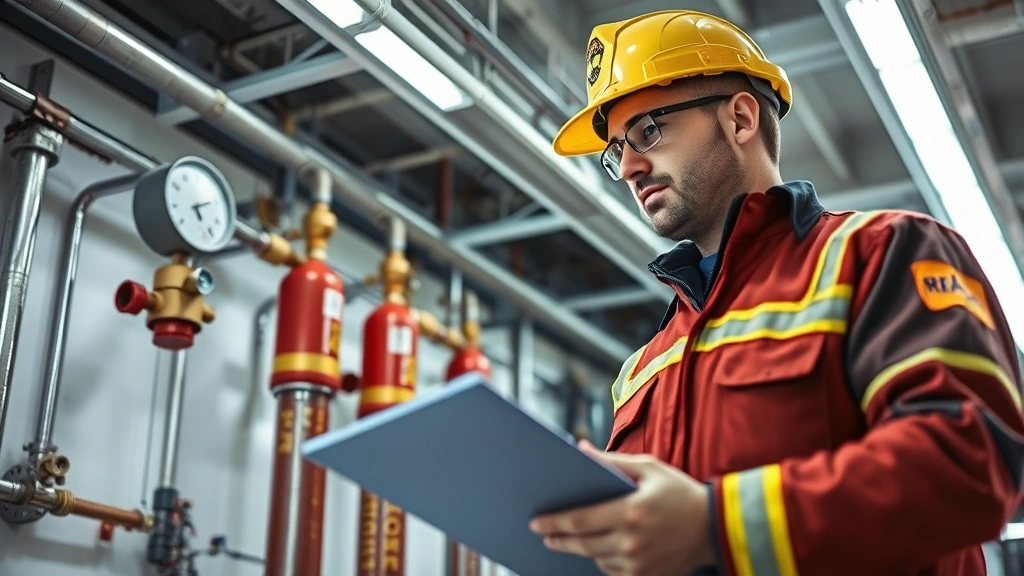 Professional fire safety inspector in uniform examining modern commercial building fire suppression system with pressure gauges and piping, holding inspection clipboard, fluorescent lighting, detailed technical focus