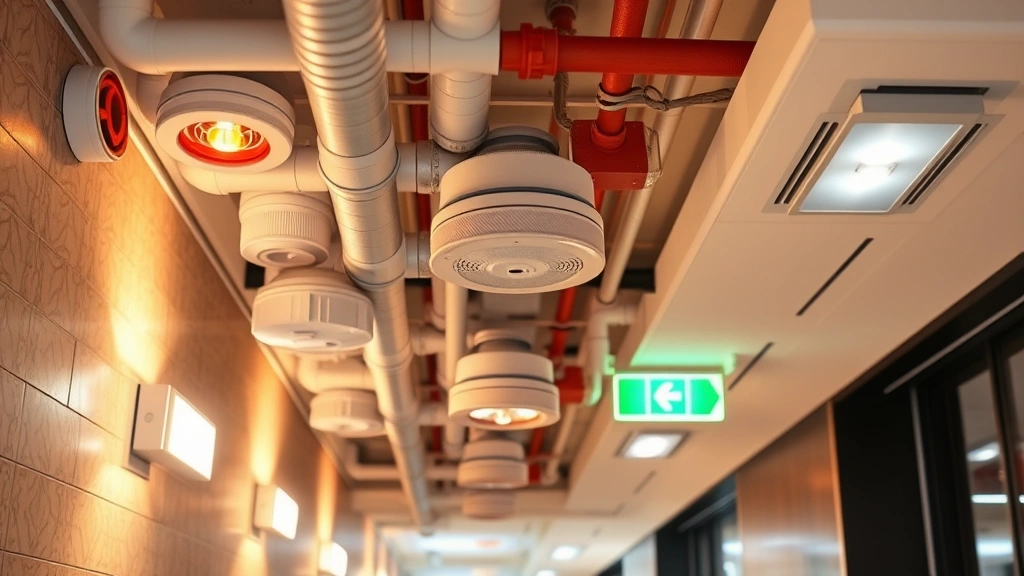 Close-up of fire safety equipment installation including sprinkler heads, smoke detectors, and emergency lighting in contemporary building corridor with fire-resistant materials visible