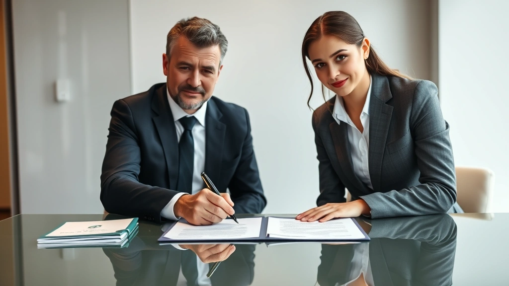 Commercial contract signing scene with two professionals at modern office table, one holding pen over document, handshake visible, neutral background, professional attire, focused serious expressions, natural daylight