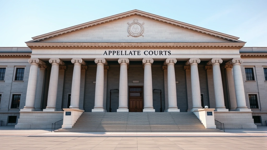 Appellate courthouse exterior with classical stone columns and grand steps, formal architecture, professional legal building, clear daytime lighting, empty plaza, photorealistic government building