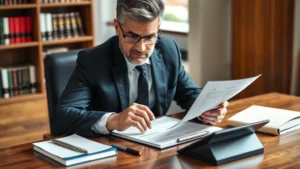 Professional lawyer in business suit reviewing contract documents at wooden desk with law books and digital tablet, natural office lighting, confident focused expression