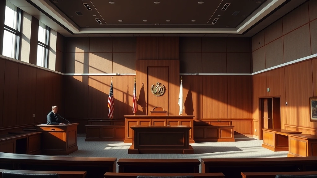 Modern courtroom interior with judge's bench, witness stand, and empty jury box, professional legal setting, natural daylight through windows, emphasizing justice and accountability