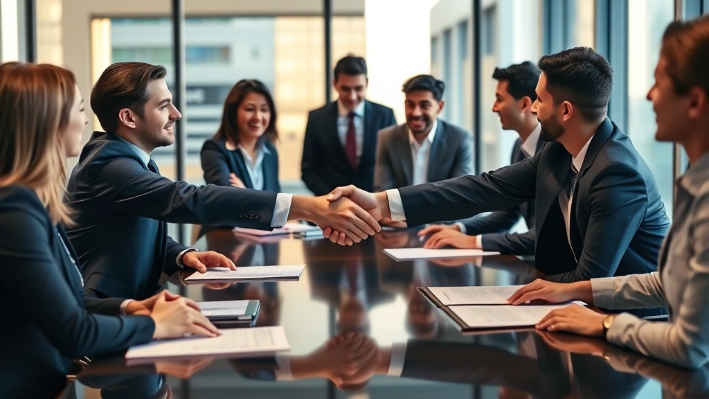 Business professionals shaking hands across conference table during contract negotiation, diverse team, modern office, warm professional lighting, symbolizing reciprocal agreement and mutual obligation