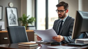 Professional attorney in business suit reviewing legal documents at modern office desk with computer, focused expression, natural lighting from window