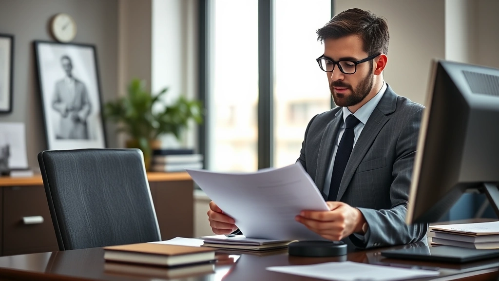 Professional attorney in business suit reviewing legal documents at modern office desk with computer, focused expression, natural lighting from window