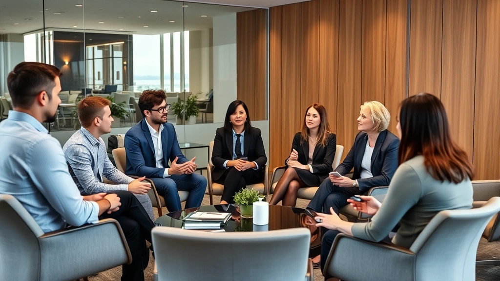 Diverse group of professionals in conference room engaged in mediation discussion, neutral mediator facilitating conversation, collaborative atmosphere, modern meeting space