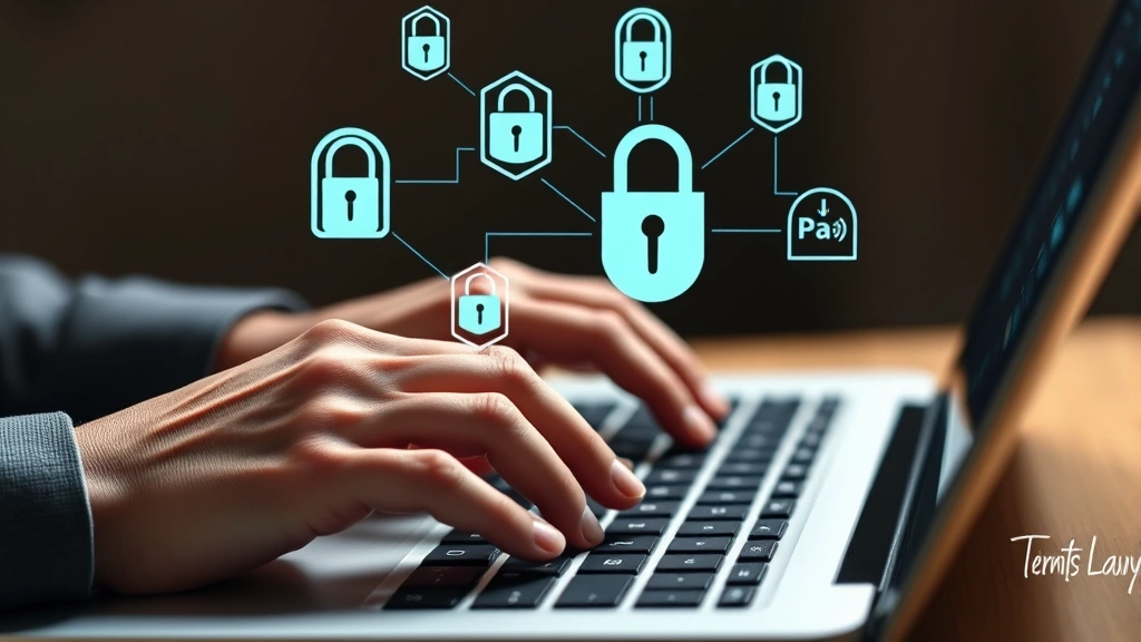Closeup of hands typing on laptop keyboard with digital security icons floating above screen, representing cybersecurity and data protection for law firms