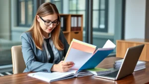 Professional law school admissions counselor in business attire reviewing colorful application folders and documents at modern wooden desk with professional office background