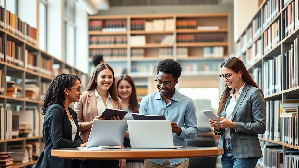 Young diverse law students wearing business casual clothing collaborating together in bright modern law library surrounded by law books and studying with laptops and notepads