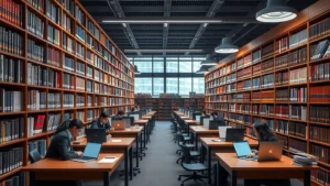 Professional law library with rows of legal books and research materials, modern lighting, law students studying at wooden desks with laptops, photorealistic and detailed