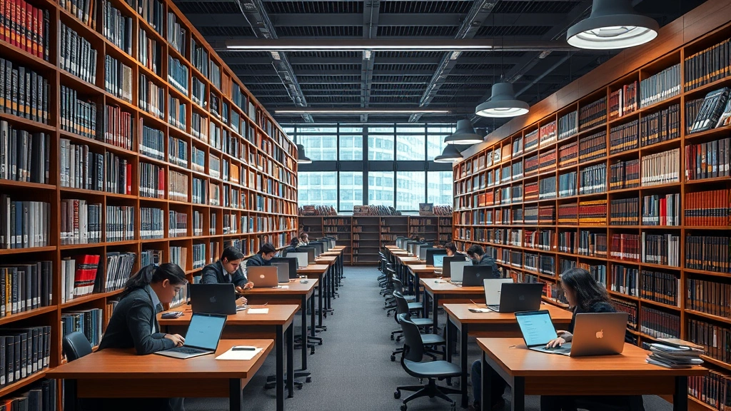 Professional law library with rows of legal books and research materials, modern lighting, law students studying at wooden desks with laptops, photorealistic and detailed