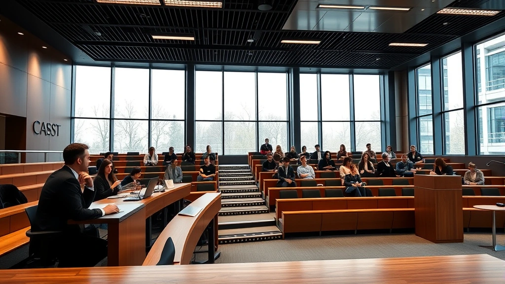 Modern law school classroom with tiered seating, professor at lectern, students taking notes, professional legal education environment, natural lighting from large windows