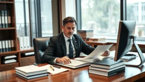 Professional divorce attorney in modern law office reviewing legal documents at wooden desk with law books and computer, wearing business suit, serious focused expression, natural lighting from office window