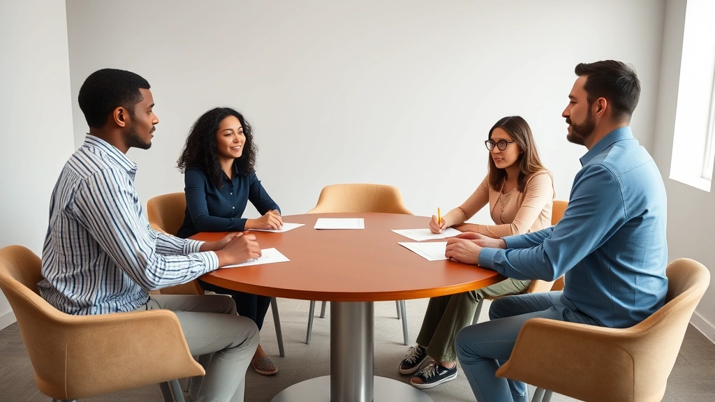 Diverse family mediator facilitating discussion between separated parents at round conference table in neutral mediation room, calm professional atmosphere, all parties seated comfortably reviewing agreement papers