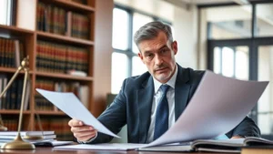 Professional attorney reviewing legal documents at desk with law books in background, serious expression, modern law office setting, natural lighting from windows