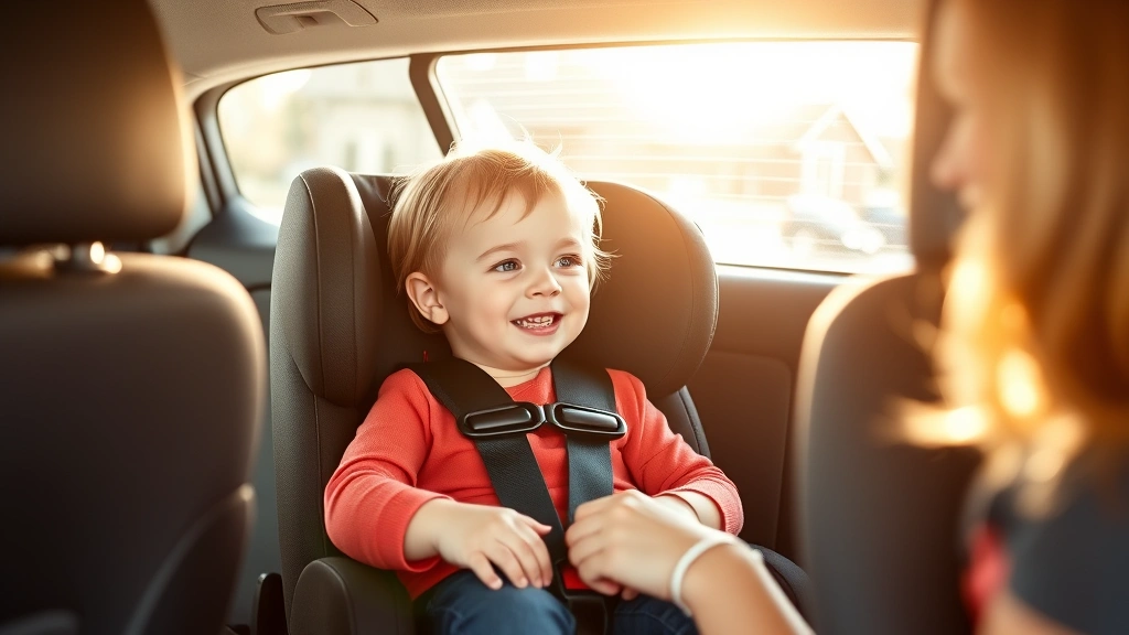 Mother securing toddler into forward-facing car seat with proper harness positioning, child safety focus, bright daylight coming through car window, professional photography