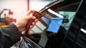 Professional automotive technician using light meter to measure window tint VLT percentage on vehicle window, indoor shop setting with precision equipment