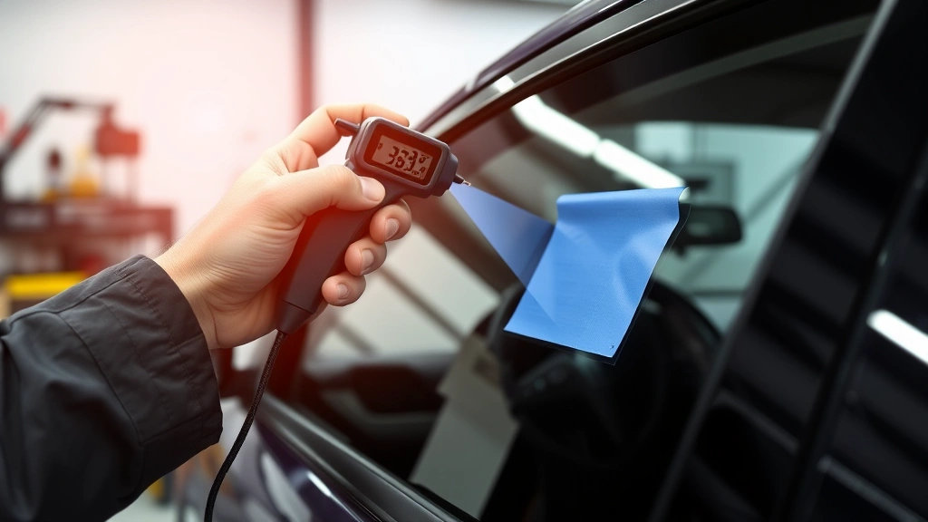 Professional automotive technician using light meter to measure window tint VLT percentage on vehicle window, indoor shop setting with precision equipment