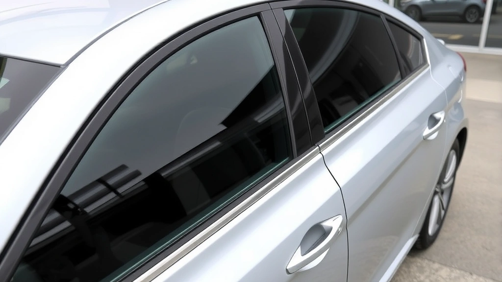 Modern car with properly compliant window tinting showing graduated darkness from front to rear windows, professional installation quality, daylight conditions