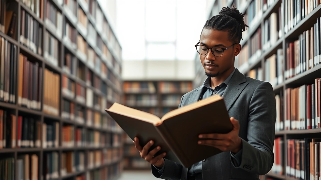 Professional diverse adult student studying law books in modern library setting, focused expression, natural lighting, wearing business casual attire