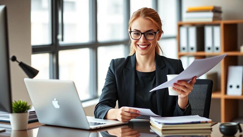 Busy professional woman juggling laptop, documents and coffee cup at desk, multitasking work and education, realistic office environment, daytime lighting