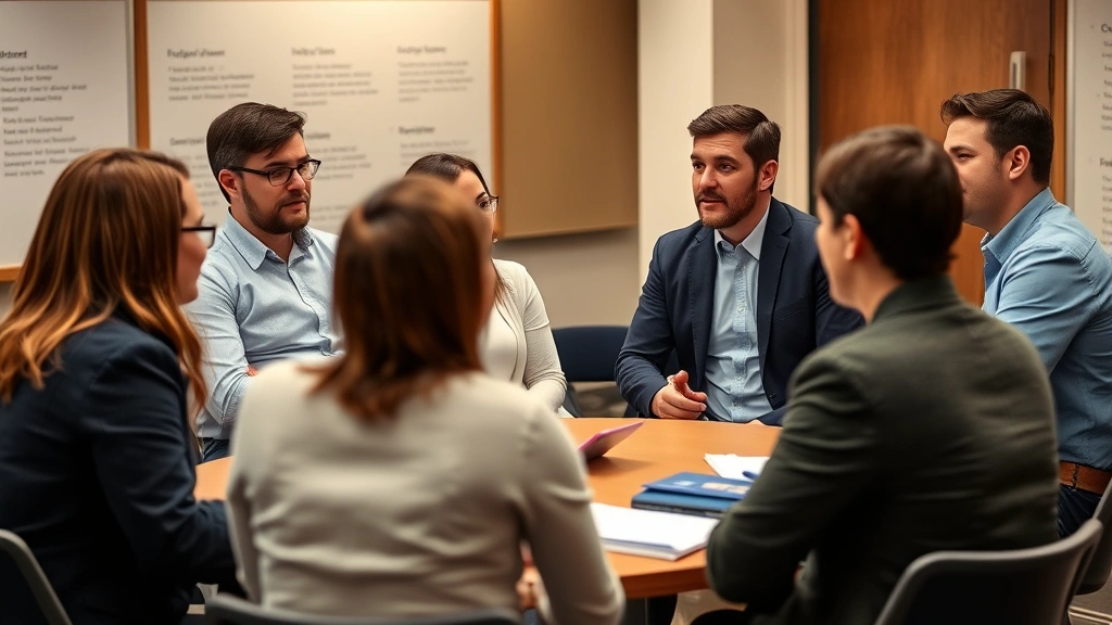 Diverse group of adult law students in evening classroom discussion, engaged in conversation, professional atmosphere, warm indoor lighting, no visible text on boards