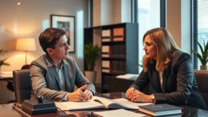 Professional family law attorney in modern office with law books and desk, consulting with clients about custody matters, warm professional lighting, serious focused expressions