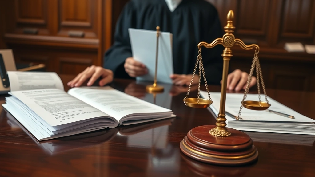 Judge's chambers or courtroom interior showing legal documents and custody orders on desk, professional legal setting with scales of justice symbolism, authoritative atmosphere