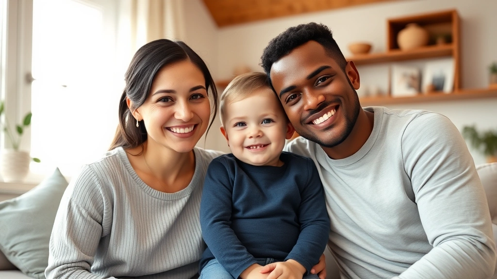 Two parents and child in peaceful home environment showing positive co-parenting relationship, living room setting with child between parents, warm family-focused lighting, genuine smiles