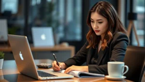 Professional young woman writing at desk with laptop and notebook, focused expression, warm office lighting, coffee cup nearby, contemporary workspace setting