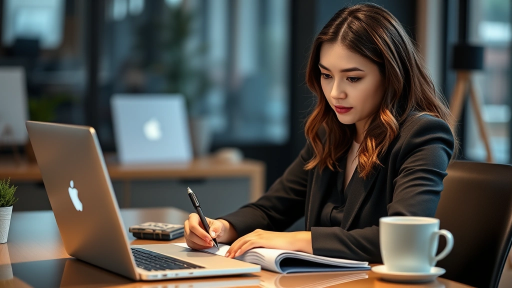Professional young woman writing at desk with laptop and notebook, focused expression, warm office lighting, coffee cup nearby, contemporary workspace setting