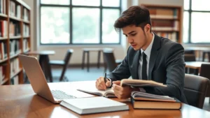 Professional law student studying at wooden desk with law books, laptop, and notepad in modern library setting with natural light streaming through windows, serious focused expression