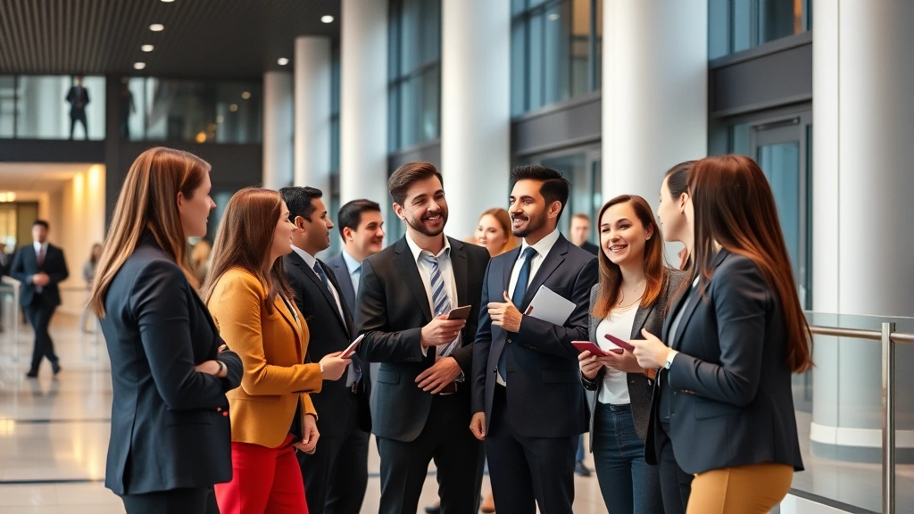 Diverse group of young professionals in business attire networking at legal conference, shaking hands and exchanging cards in modern office building lobby with contemporary architecture