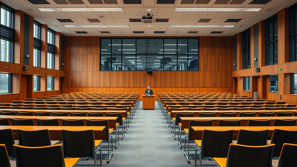 Law school classroom interior with empty lecture hall, rows of seats facing professor's desk, large windows, professional educational environment ready for students