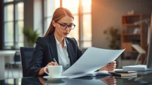Professional woman in business attire reviewing documents at desk with coffee, warm office lighting, focused expression, natural daylight from windows, modern workspace