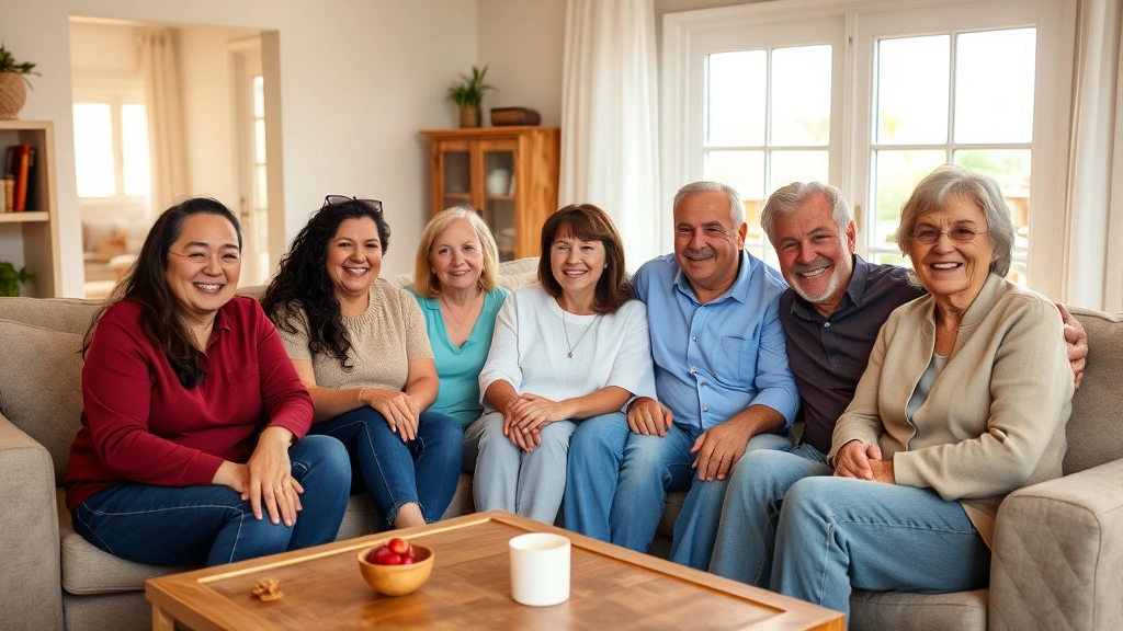 Diverse family members in living room having warm conversation, relaxed poses, genuine smiles, comfortable home setting, afternoon natural lighting, intergenerational gathering