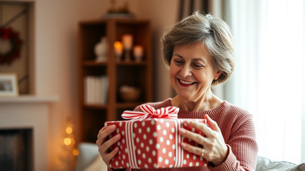 Mature woman opening wrapped gift box with thoughtful expression, warm home interior, soft lighting, genuine emotion, casual comfortable clothing, peaceful moment