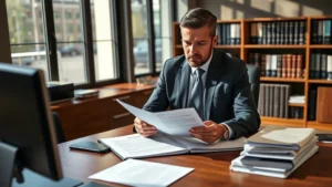 Professional attorney in business attire reviewing case files and legal documents at wooden desk in modern law office, focused expression, natural lighting from office windows, photorealistic