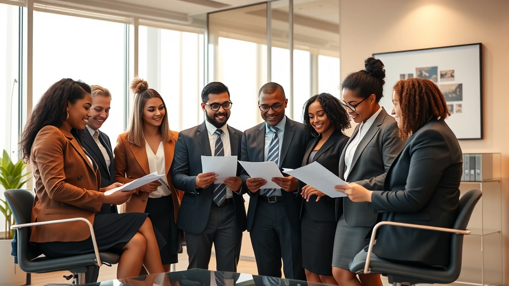 Diverse group of attorneys and community advocates in professional clothing collaborating in modern nonprofit office conference room, reviewing documents together, warm professional atmosphere, photorealistic