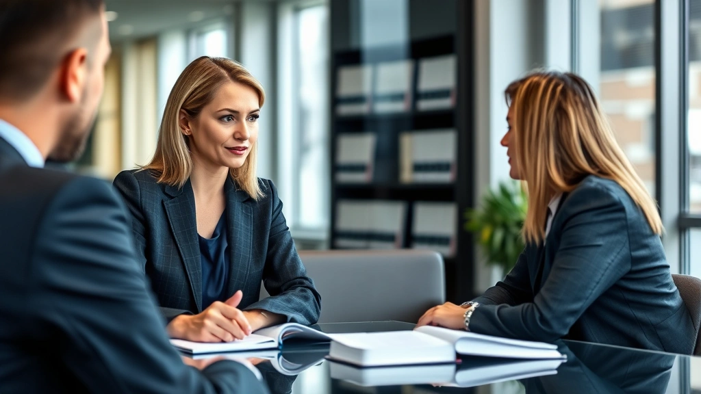 Experienced female attorney in professional suit conducting legal consultation with client in office setting, compassionate engagement, modern office environment with legal books visible, photorealistic