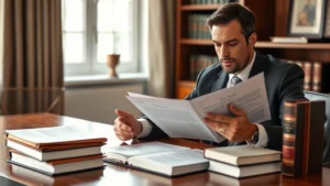 Professional lawyer in business suit reviewing federal legislation documents at wooden desk with law books, serious focused expression, modern office setting with natural lighting