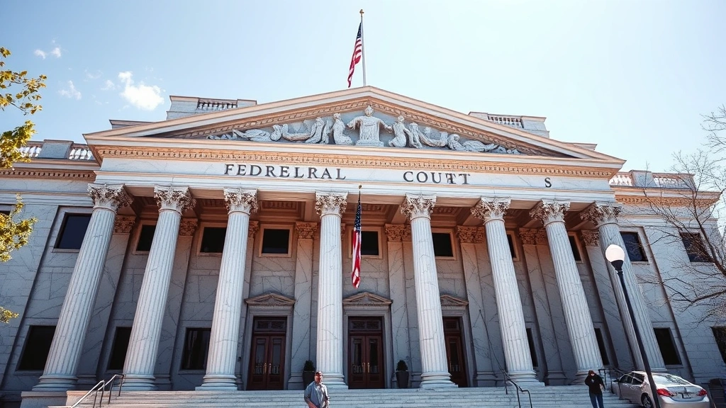 Federal courthouse exterior with classical architecture, marble columns, American flag, bright daylight, professional government building symbolizing federal law